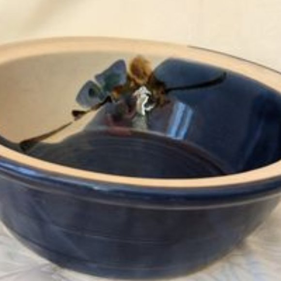 Large 10" Blue/Cream Floral Handmade Pottery Bowl - Picture 2 of 5